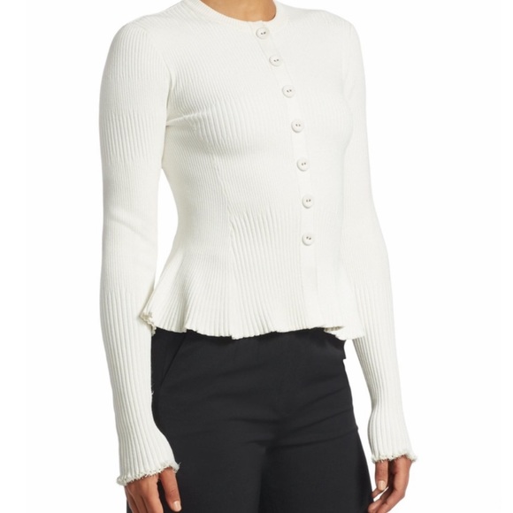Proenza Schouler Sweaters - Proenza Schouler White Ribbed Knit Peplum Cardigan